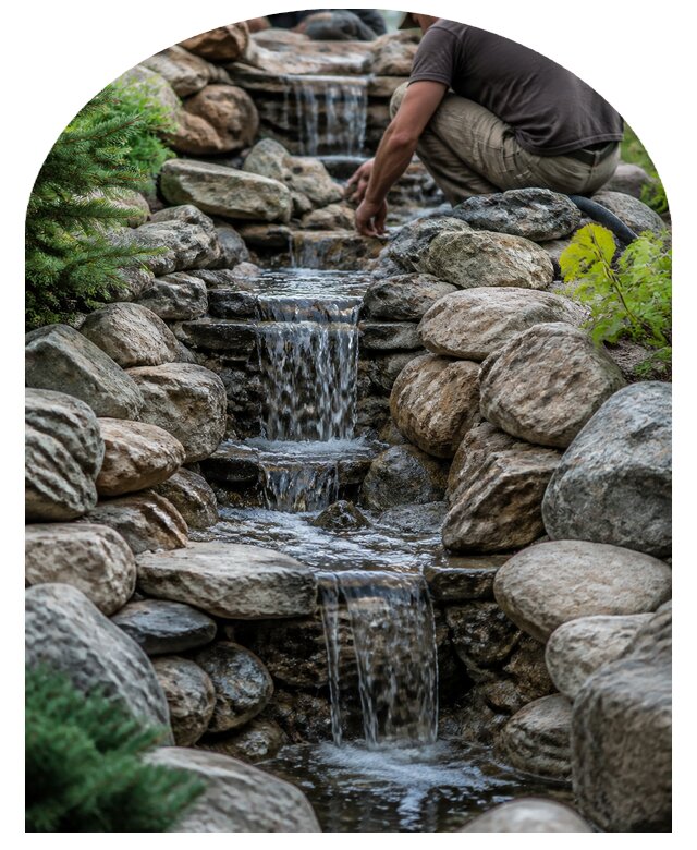 Водопад на участке под ключ с монтажом и отделкой в Ельце